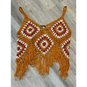 Vivid Crochet Tank Top Fringe Boho Orange White Red Square Pattern Size M